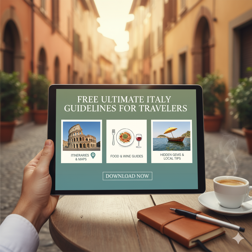 italy-travelling image that represents guidelines for travellers. A person seated in a italian town with a coffee
